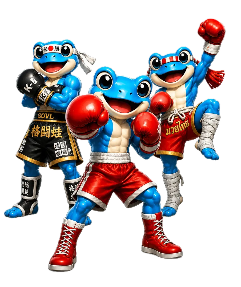 The Fighting Frog team — boxing, kickboxing and Muay Thai frogs, gloves raised